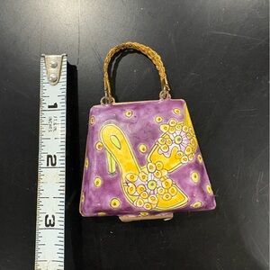 Vintage enamel Purple and Yellow Handbag magnetic closure trinket box